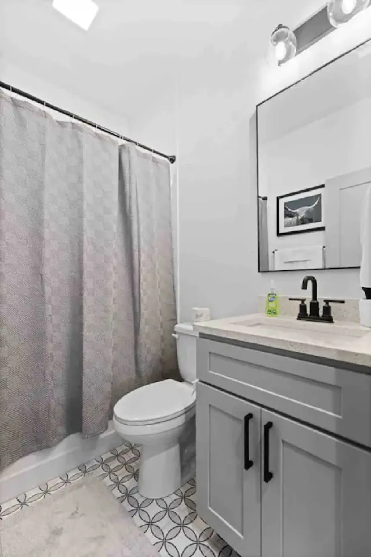 A calming bathroom scene with a gray shower curtain, white toilet, vanity with sink, wall mirror, and decorative artwork. The space appears organized and inviting, perfect for personal grooming routines or a quick refresh.